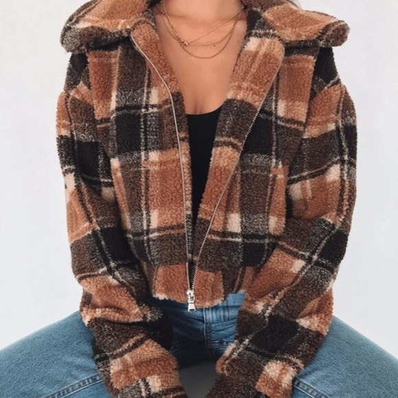TIGER Mist Brooklyn Jacket Brown Plaid Fuzzy Zip Cropped Sherpa Coat small - Picture 2 of 11